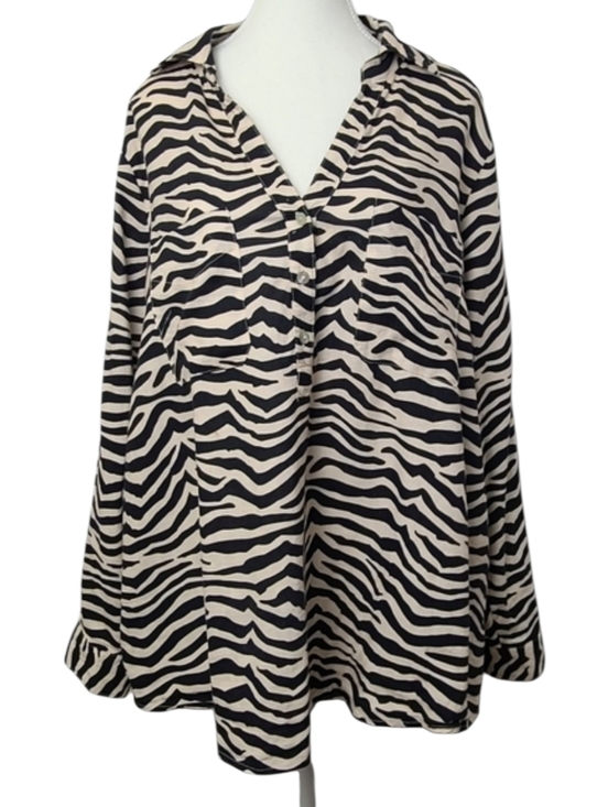 C By One Tops - by One Zebra Print Linen Blend Blouse 1X V Neck Long Sleeve Animal Print